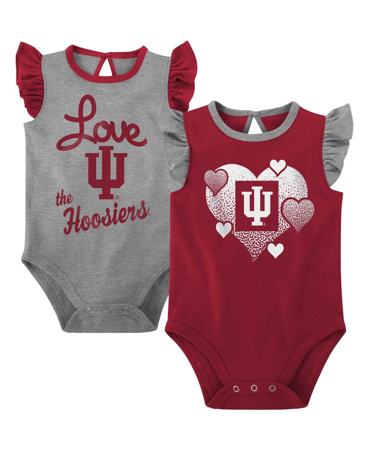 Outerstuff Babies' Girls Newborn And Infant Crimson, Gray Indiana Hoosiers Spread The Love 2-pack Bodysuit Set In Crimson,gray