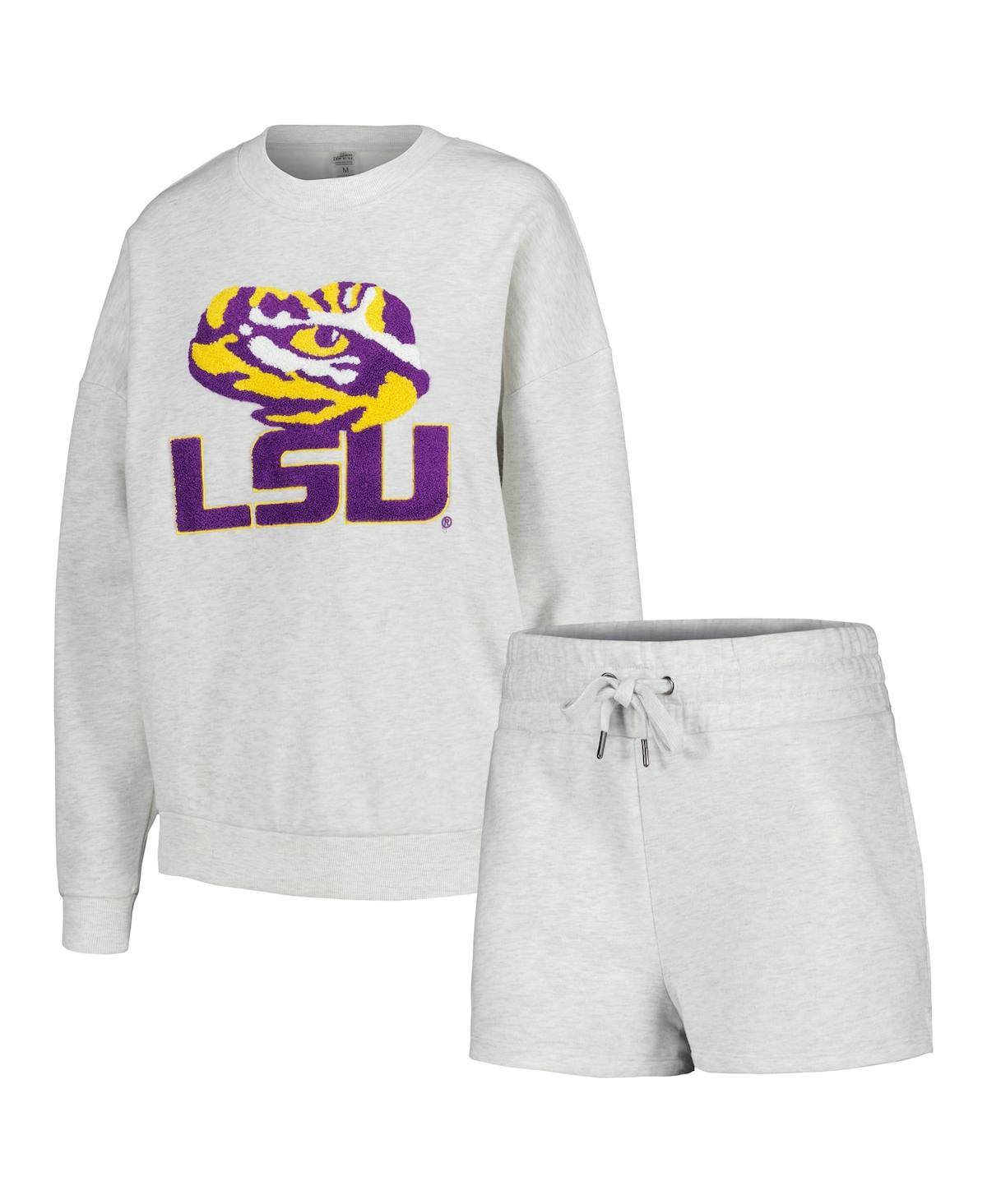 GAMEDAY COUTURE WOMEN'S GAMEDAY COUTURE ASH LSU TIGERS TEAM EFFORT PULLOVER SWEATSHIRT AND SHORTS SLEEP SET