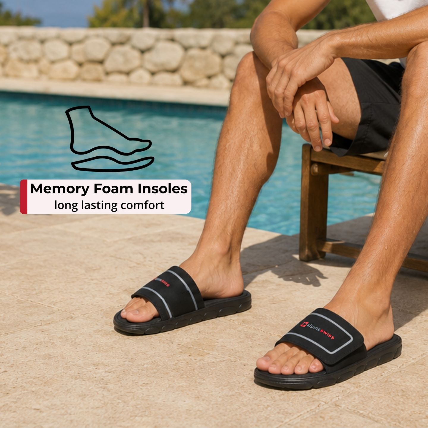 Мужские сандалии Alpine Swiss Gabe Cloud Slide Sandals For Men Shock-Absorbing Foam Insole With Arch Support Adjustable Strap Waterproof Anti-Slip Recovery, цвет: Чёрный — фото 2