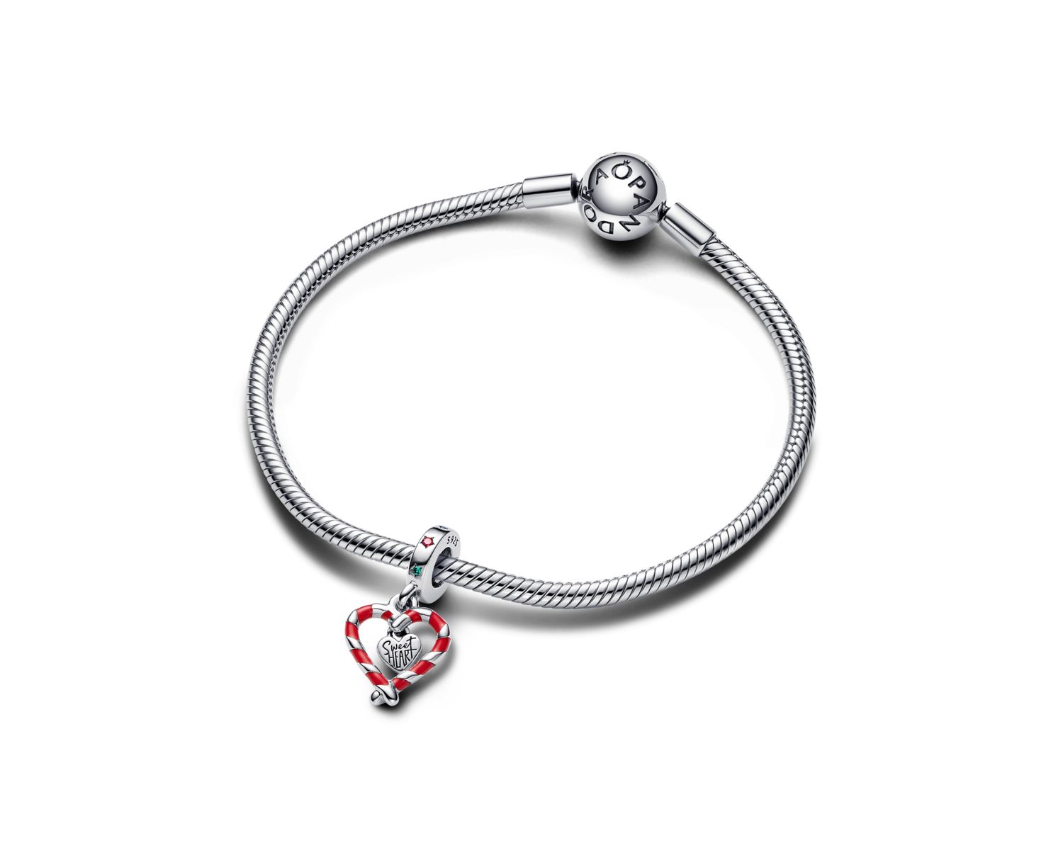 Cubic Zirconia Double Candy Cane Heart Christmas Dangle Charm