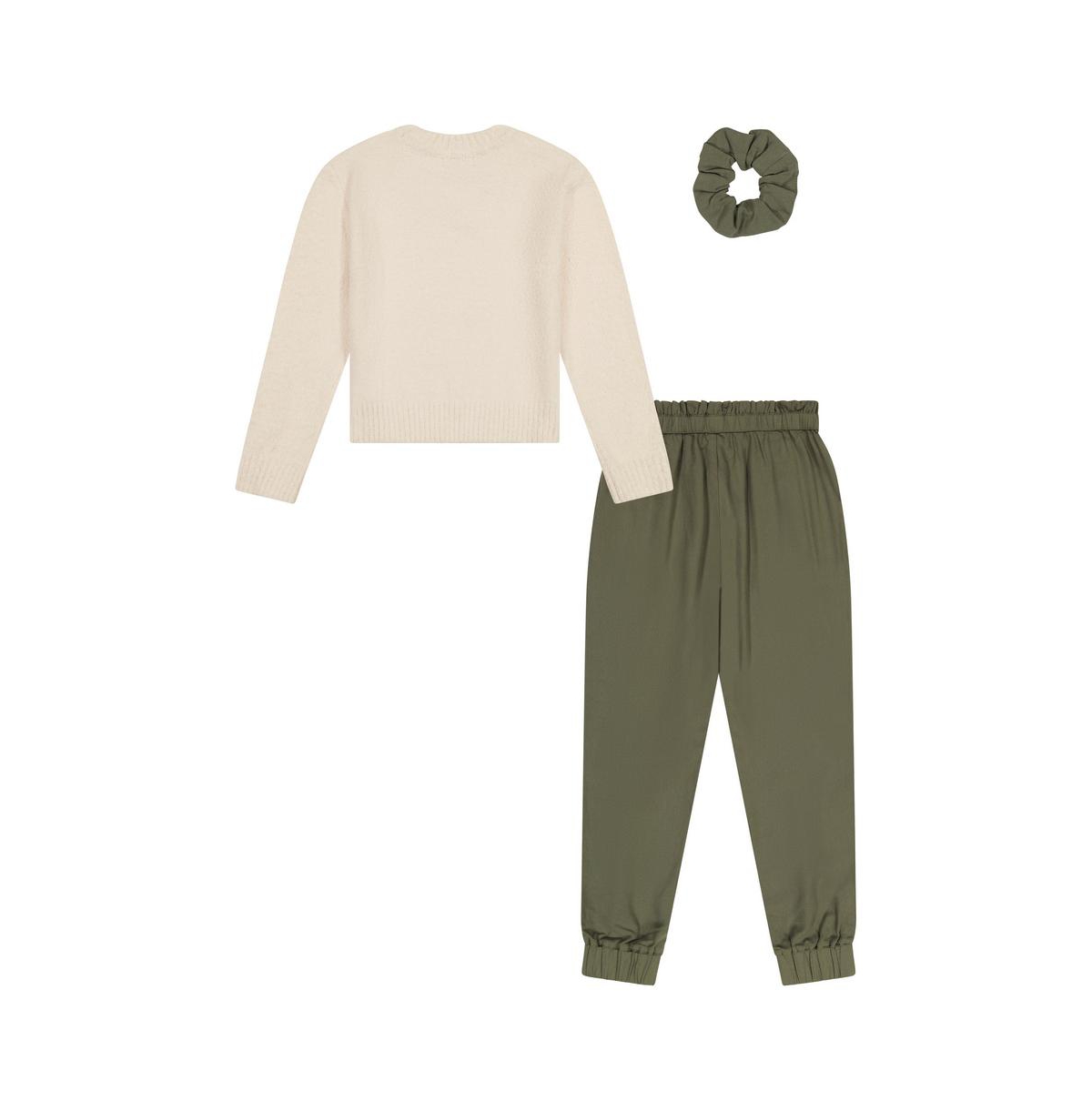 Little, Big Girls 3 Piece Outfit Set with Long Sleeve Sweater, Paperbag Jogger Pants, and Bonus Scrunchie