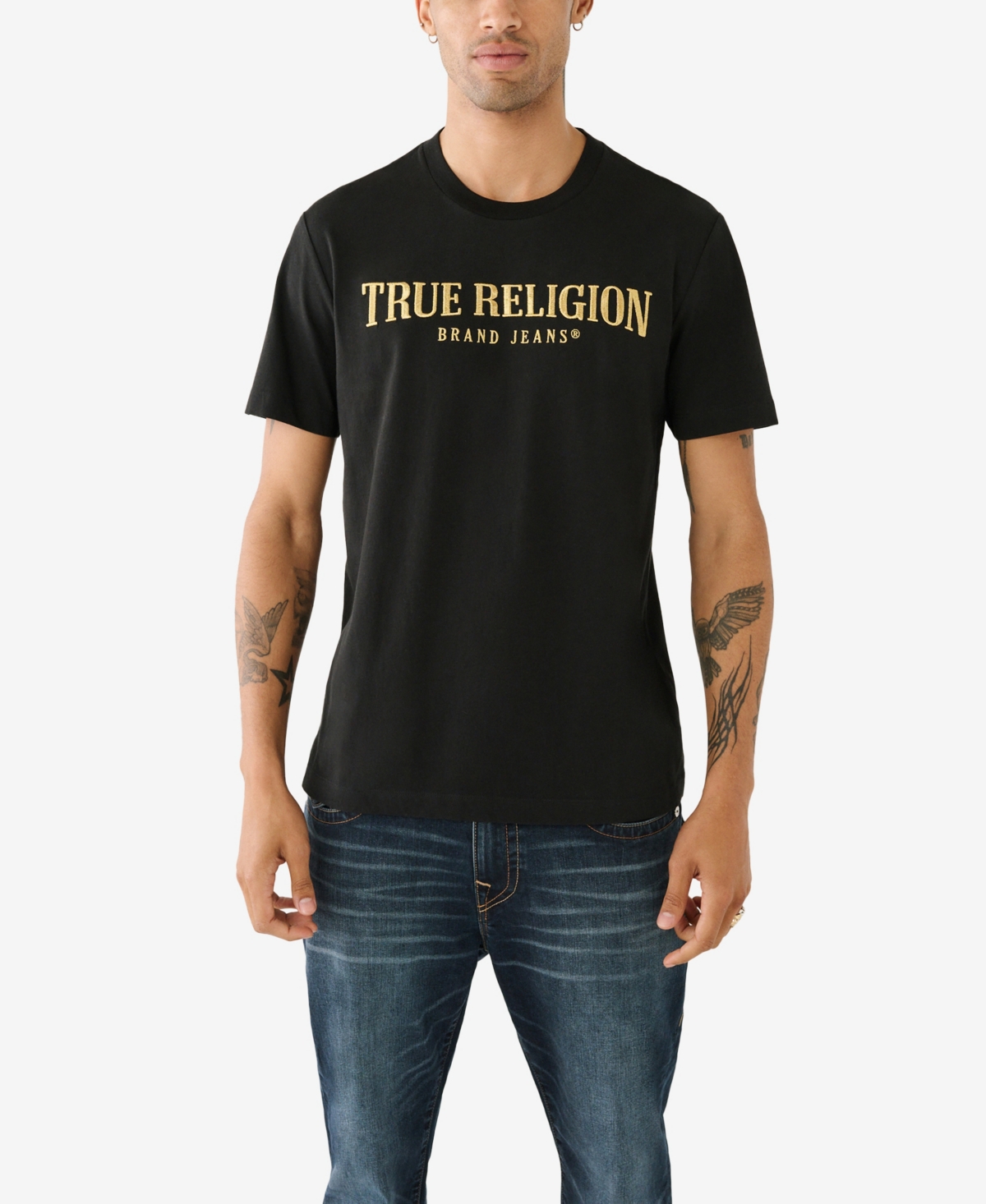 True Religion Short Sleeve Gold Arch Logo Tee In Jet Black