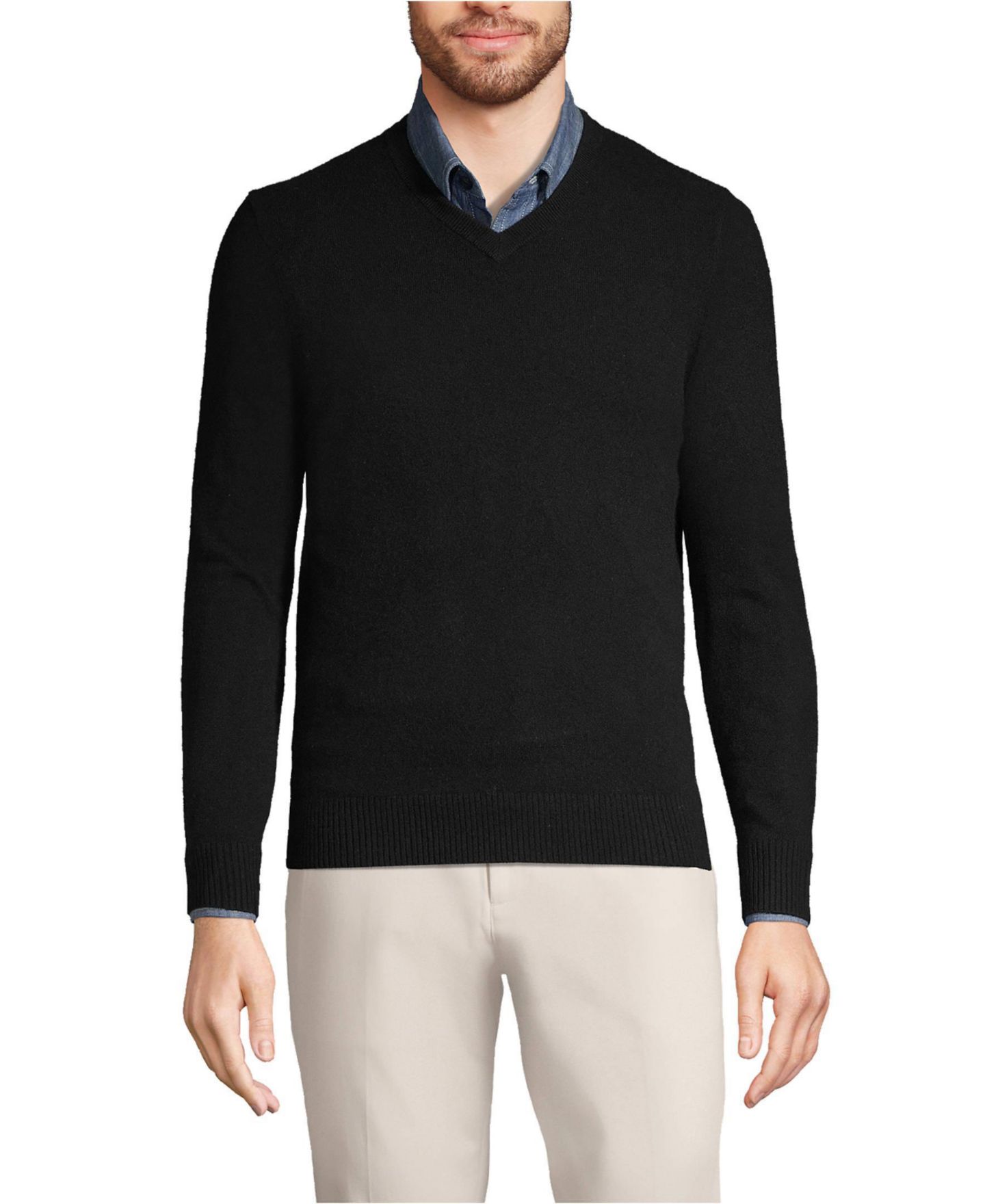 Мужской свитер Lands' End Fine Gauge Cashmere V-neck, цвет: Чёрный — фото 1