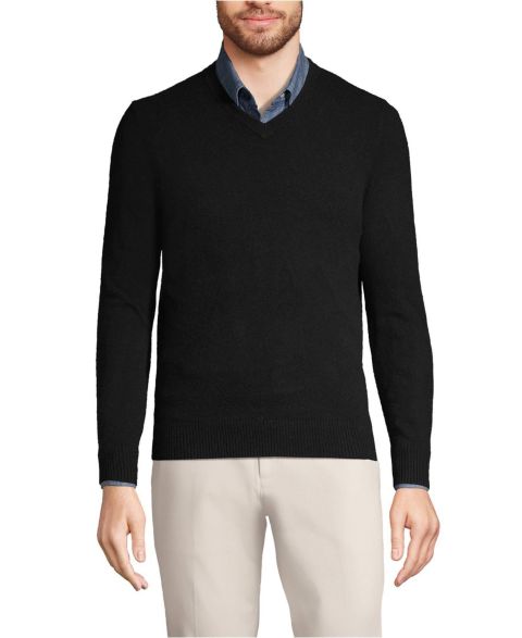 Мужской свитер Lands' End Fine Gauge Cashmere V-neck, цвет: Чёрный