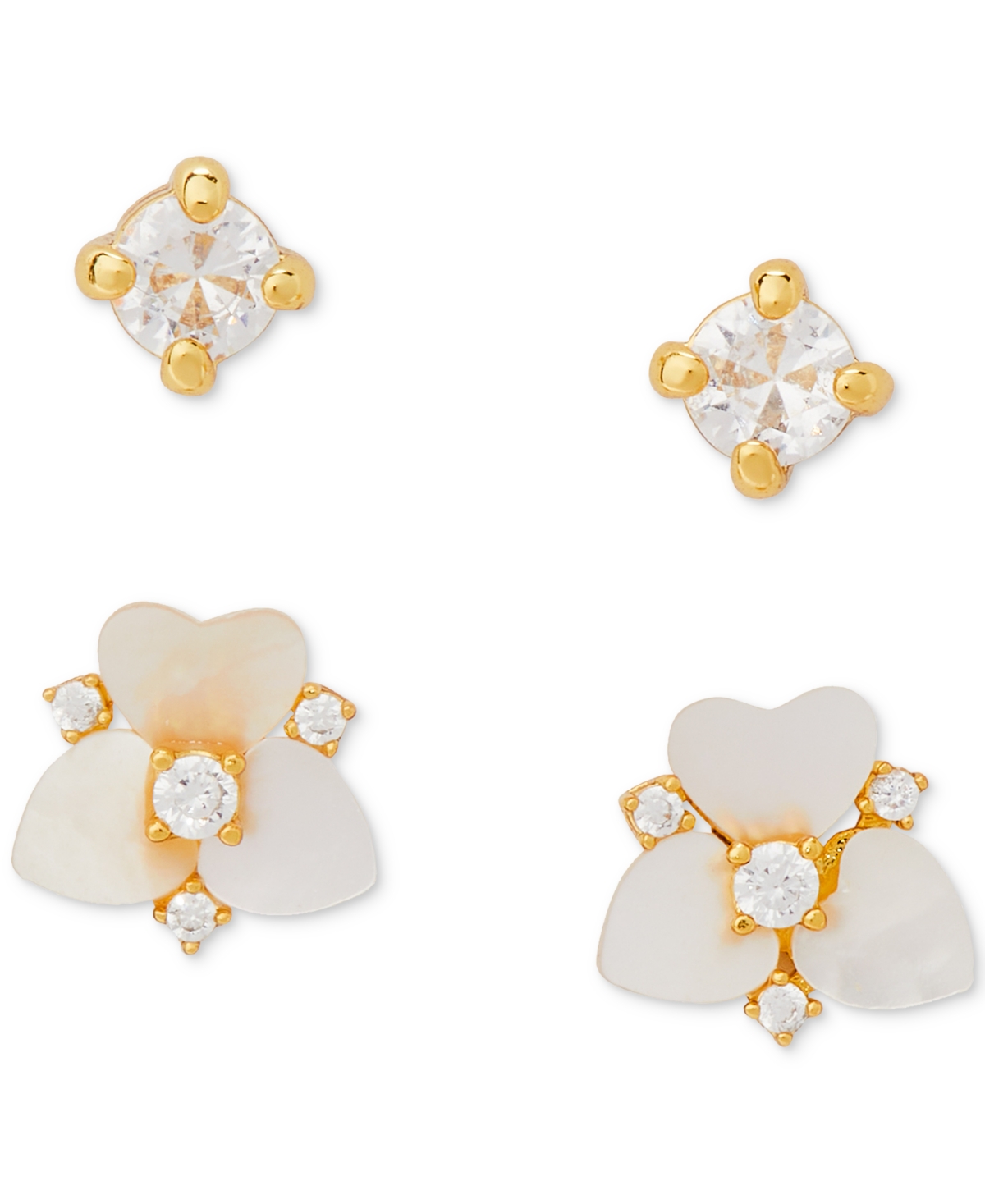 Kate Spade Gold-tone 2-pc. Set Crystal & Mother-of-pearl Pansy Stud Earrings In White Multi