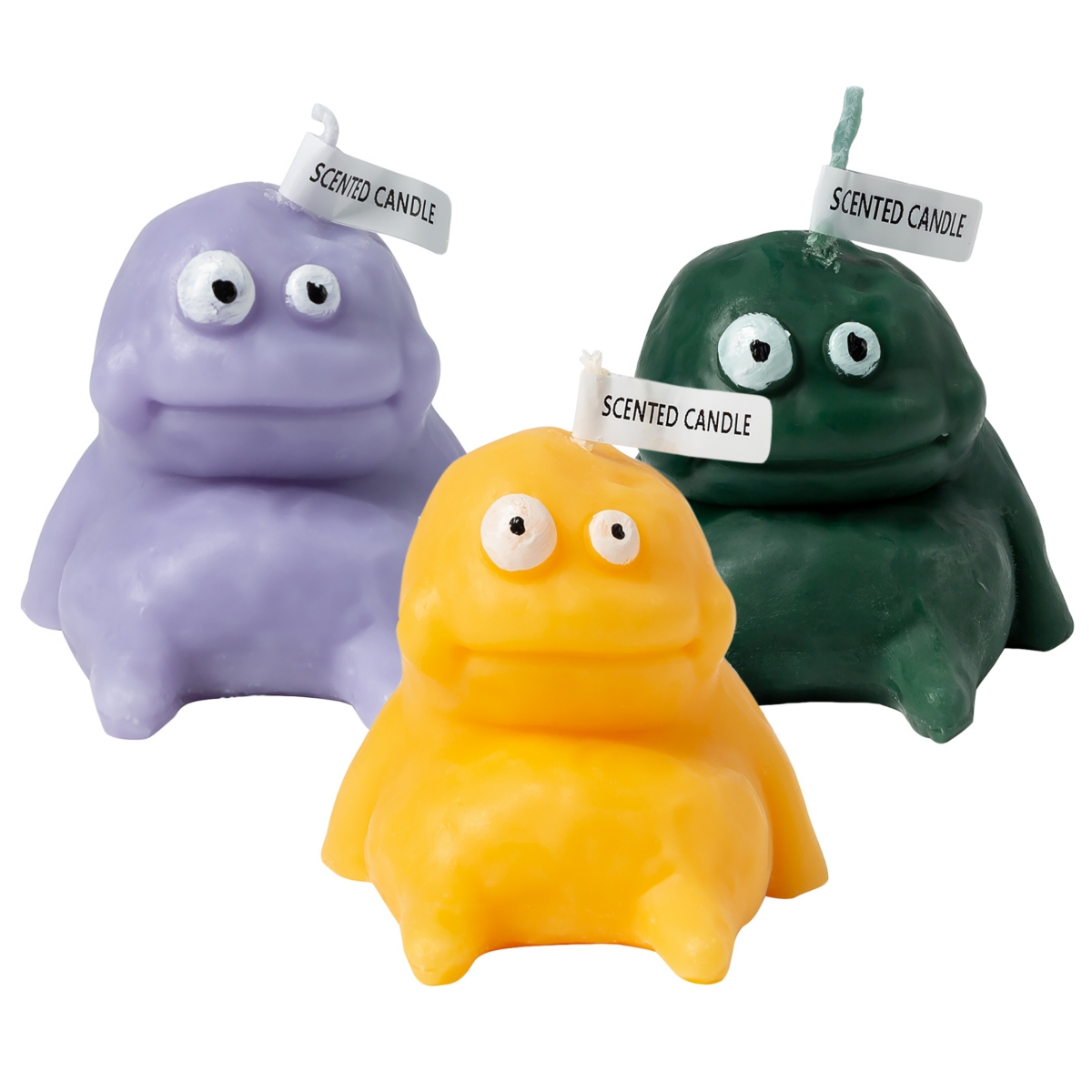 Mudman Shaped Scented Candle, 3.3" Fat Mud Monster Soy Wax Candle with Fragrance - Set of 3 - Purple/Yellow/Dark Green