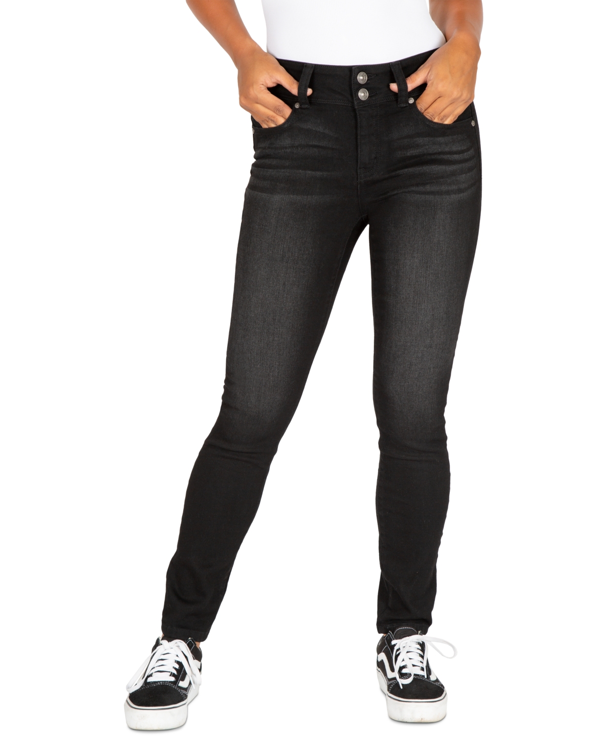 Shop Rewash Juniors' Mid-rise Booty-shaping Skinny Jeans In Black Carb