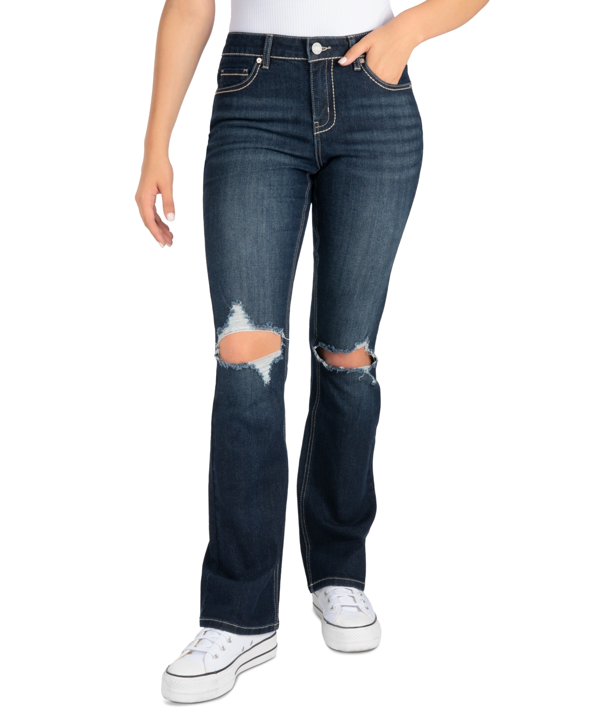 Juniors' Mid-Rise Ripped Bootcut Jeans - Dark Blue