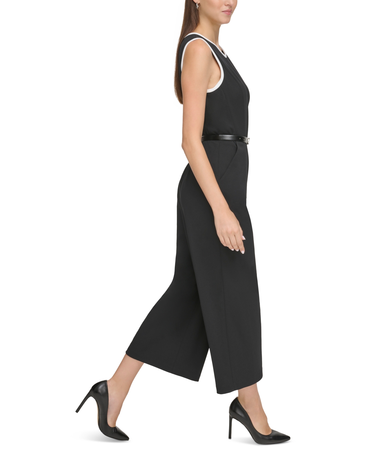 Shop Karl Lagerfeld Women's Scuba Crepe Logo- Belt Jumpsuit In Black Soft White