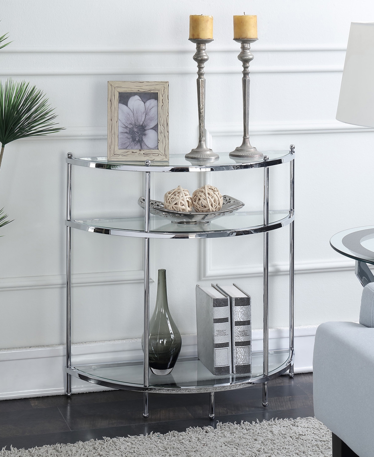 Convenience Concepts 30.75" Royal Crest Half-circle Glass Entry Table In Chrome,glass