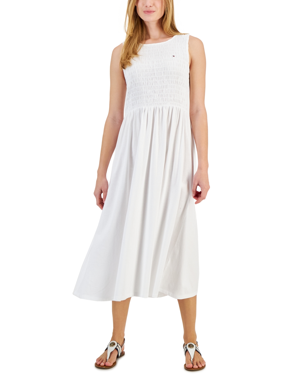 Tommy Hilfiger Women's Solid-color Smocked Sleeveless Dress In Bright White