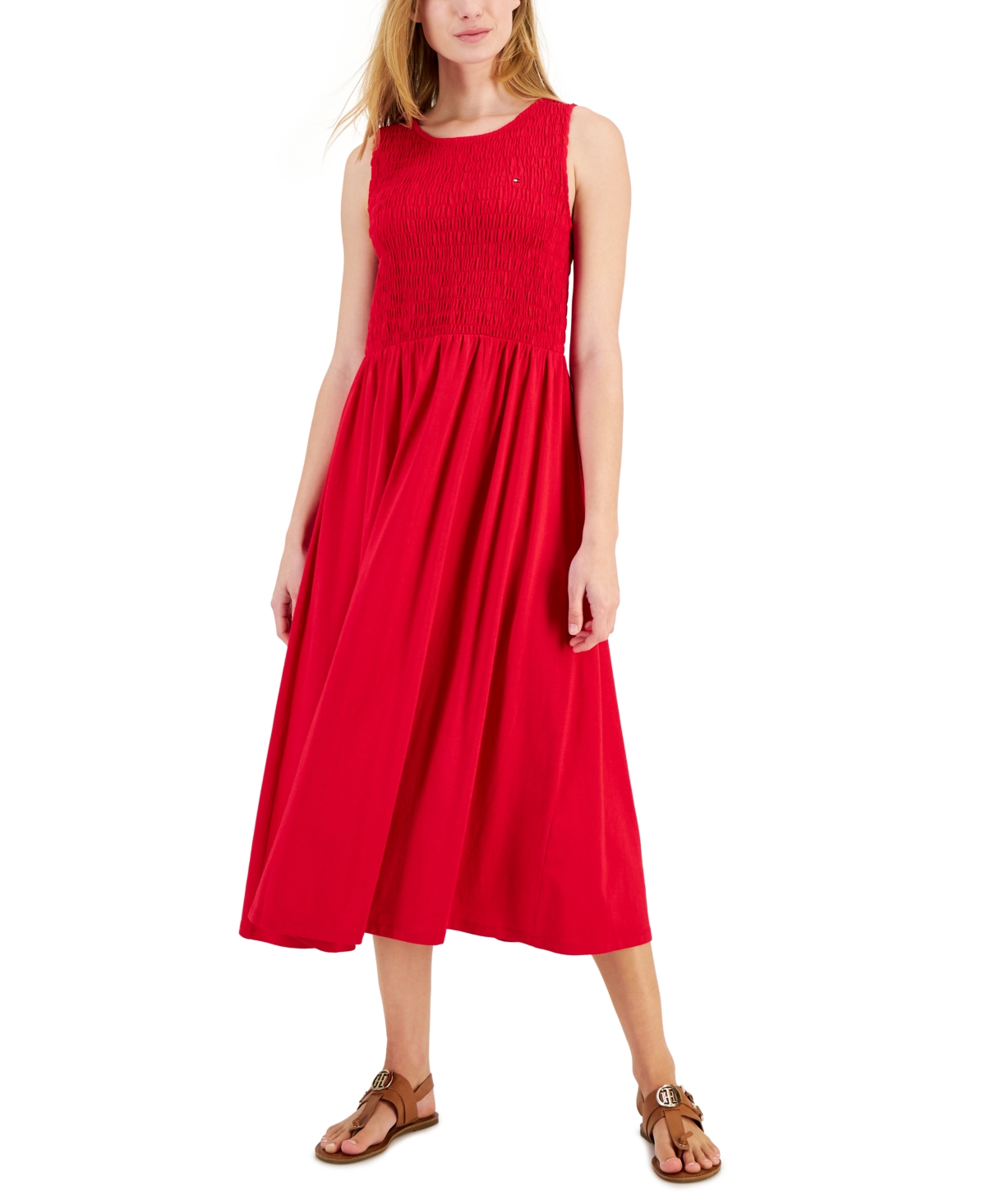 Shop Tommy Hilfiger Women's Solid-color Smocked Sleeveless Dress In Scarlet