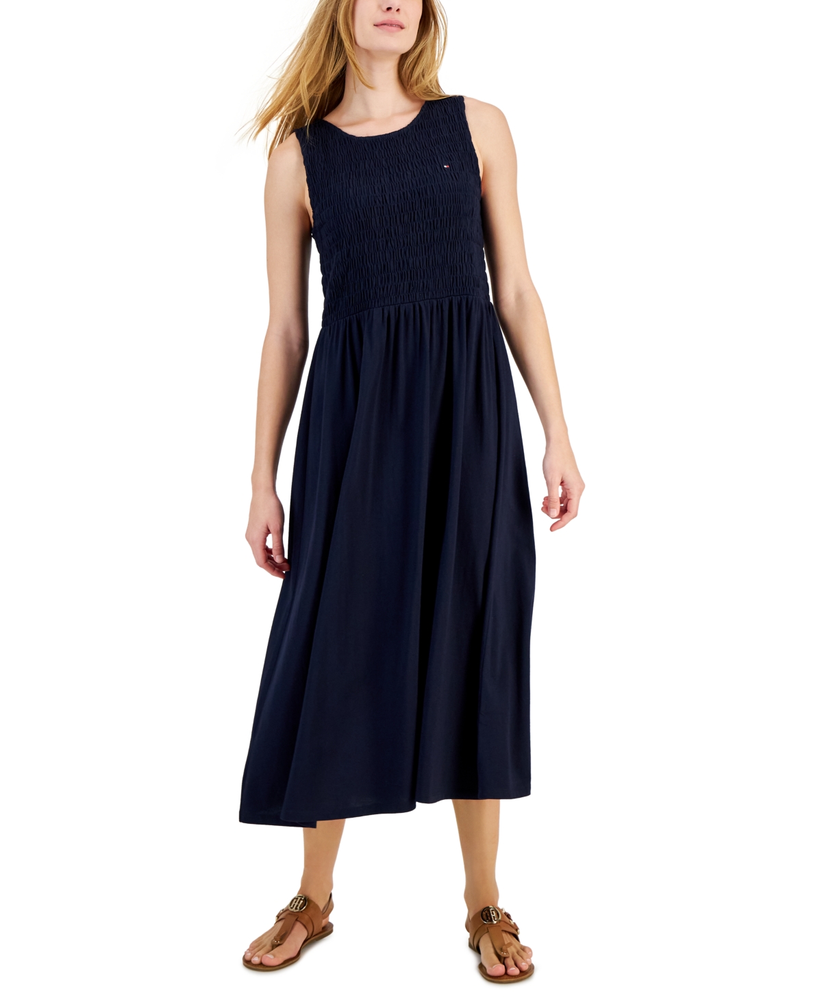 Shop Tommy Hilfiger Women's Solid-color Smocked Sleeveless Dress In Sky Capt