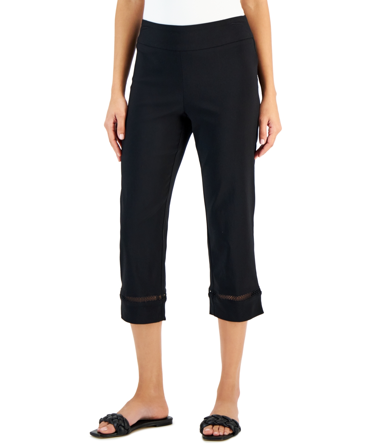 Shop Jm Collection Women's Woven Lace-trim Capri Pull-on Pants, Created For Macy's In Deep Black