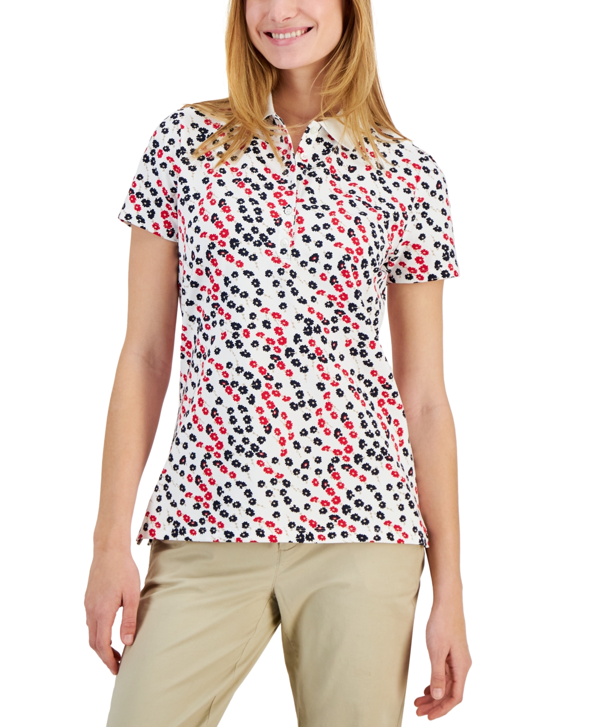 Tommy Hilfiger Women's Cotton Ditsy-floral Printed Shirt In Scarlet Multi