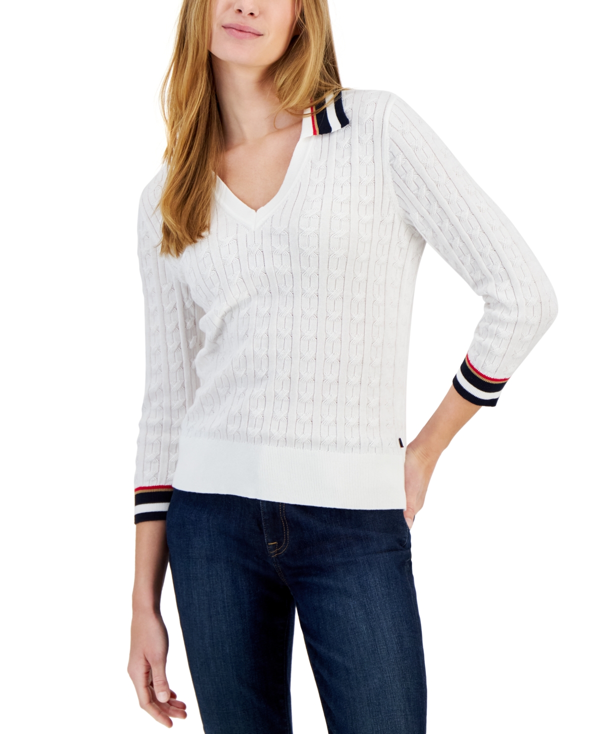Tommy Hilfiger Women's Cotton Striped-collar Cable-knit Sweater In Ivory Multi