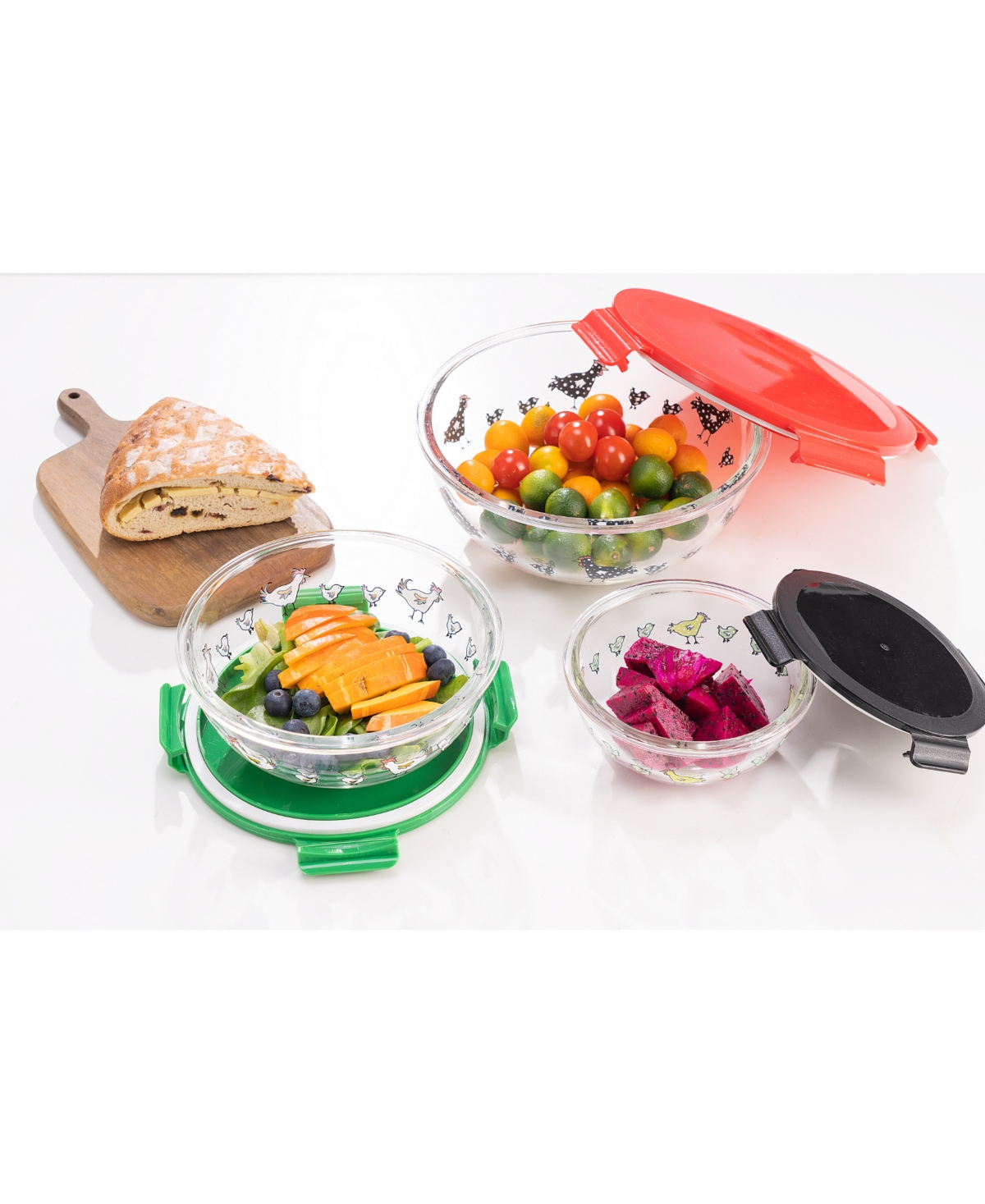 Shop Genicook 3 Pc Round Container Borosilicate Glass Nesting Salad And Mixing Bowl Set With Snap-on Lids In Multicolor