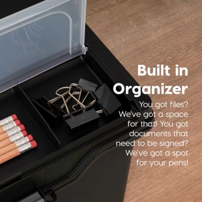 Portable Letter Size File Box with Built-In Organizer Lid and Handle for Hanging Folders, Large, Black