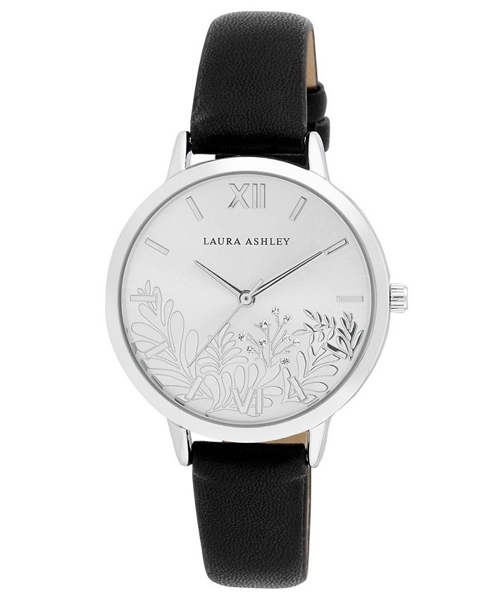 Laura Ashley Women's Quartz Owain Black Faux Leather Watch 35mm Macy's