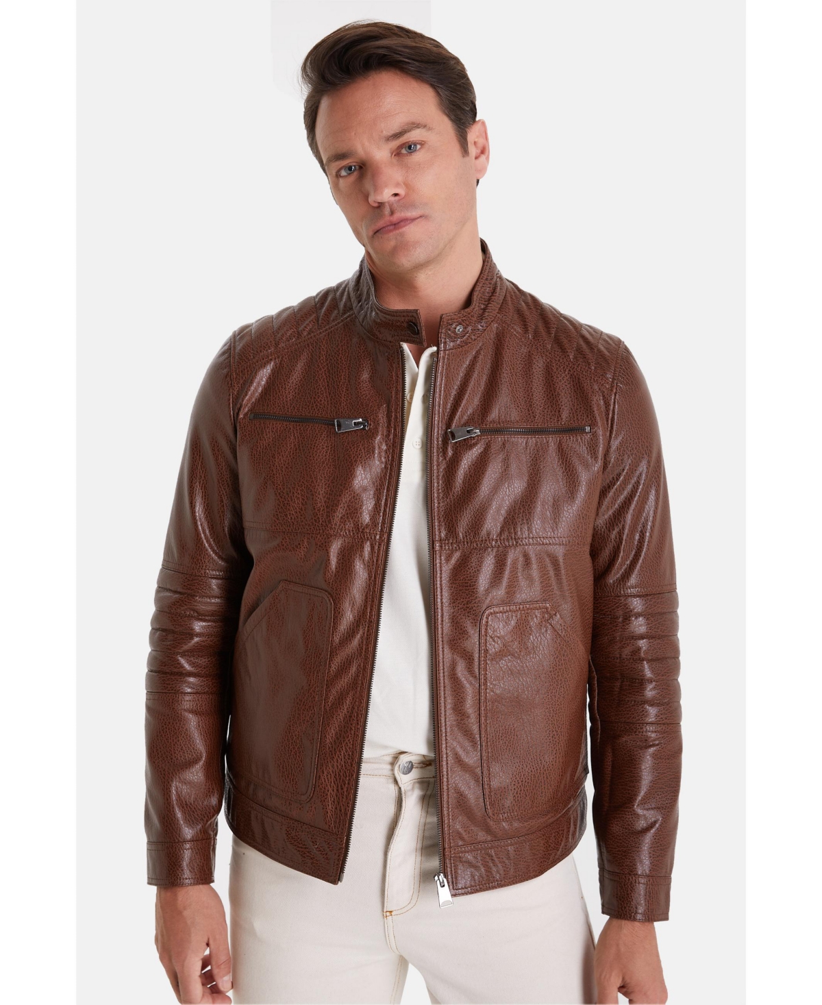 Men's Fashion Leather Jacket, Brown - Brown