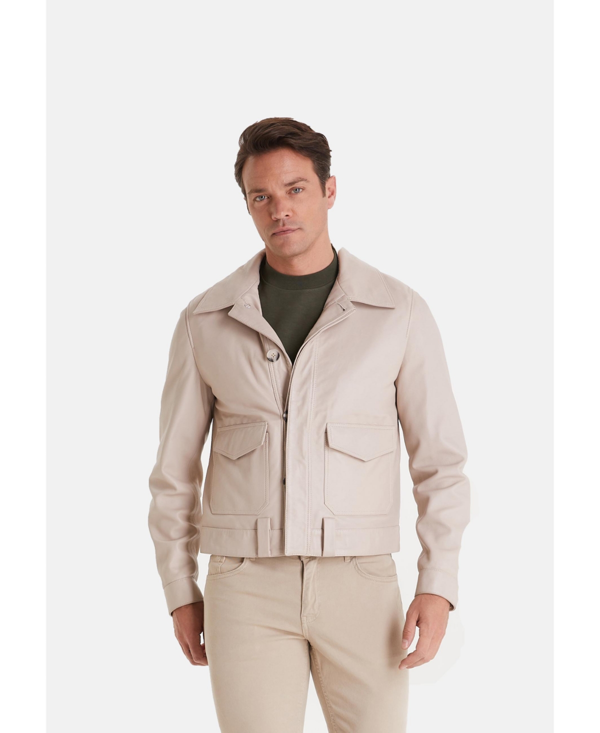 Men's Leather Jacket, Nappa Beige - Beige/khaki