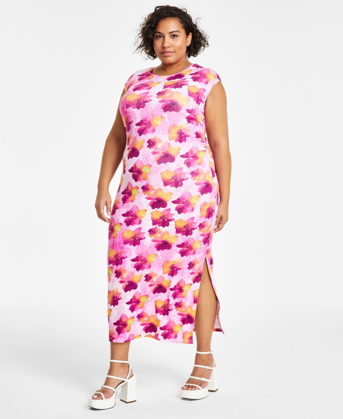 Trendy Plus Size Printed Crewneck Sleeveless T-Shirt Dress, Created for Macy's - Frankie Floral
