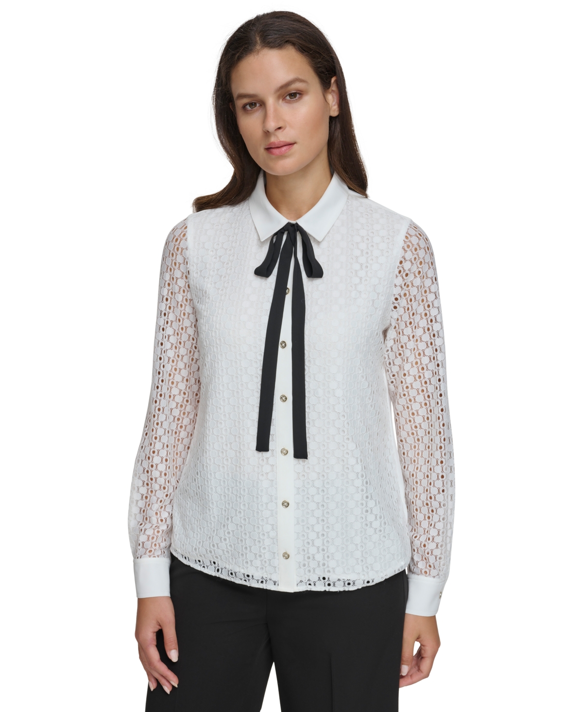 Tommy Hilfiger Women's Bow-tied Eyelet Blouse In Ivory,black