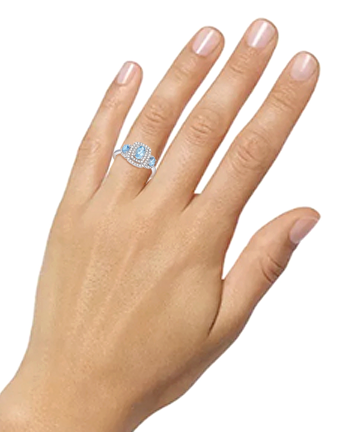 Santa Maria(7/8 ct. t.w.) & Diamond (1/3 ct. t.w.) Three Stone Halo Ring in 14k White Gold - Aquamarine