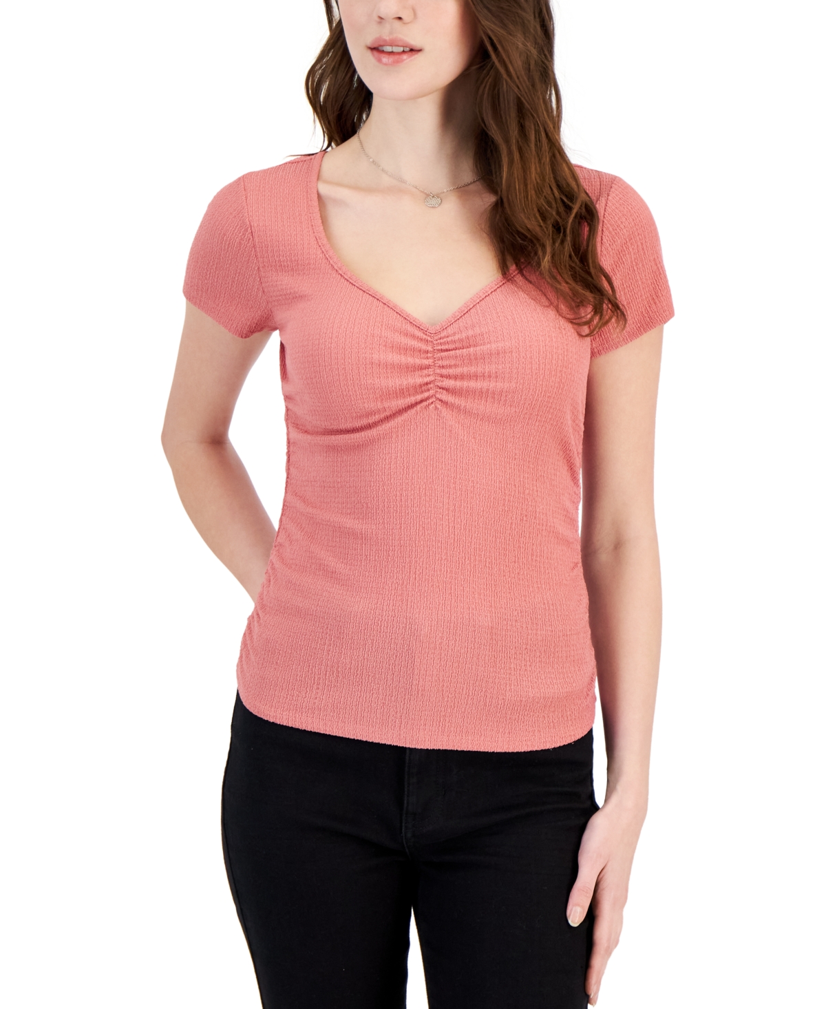 Planet Heart Juniors' Cinch Front Ribbed Tee In Dusty Rose