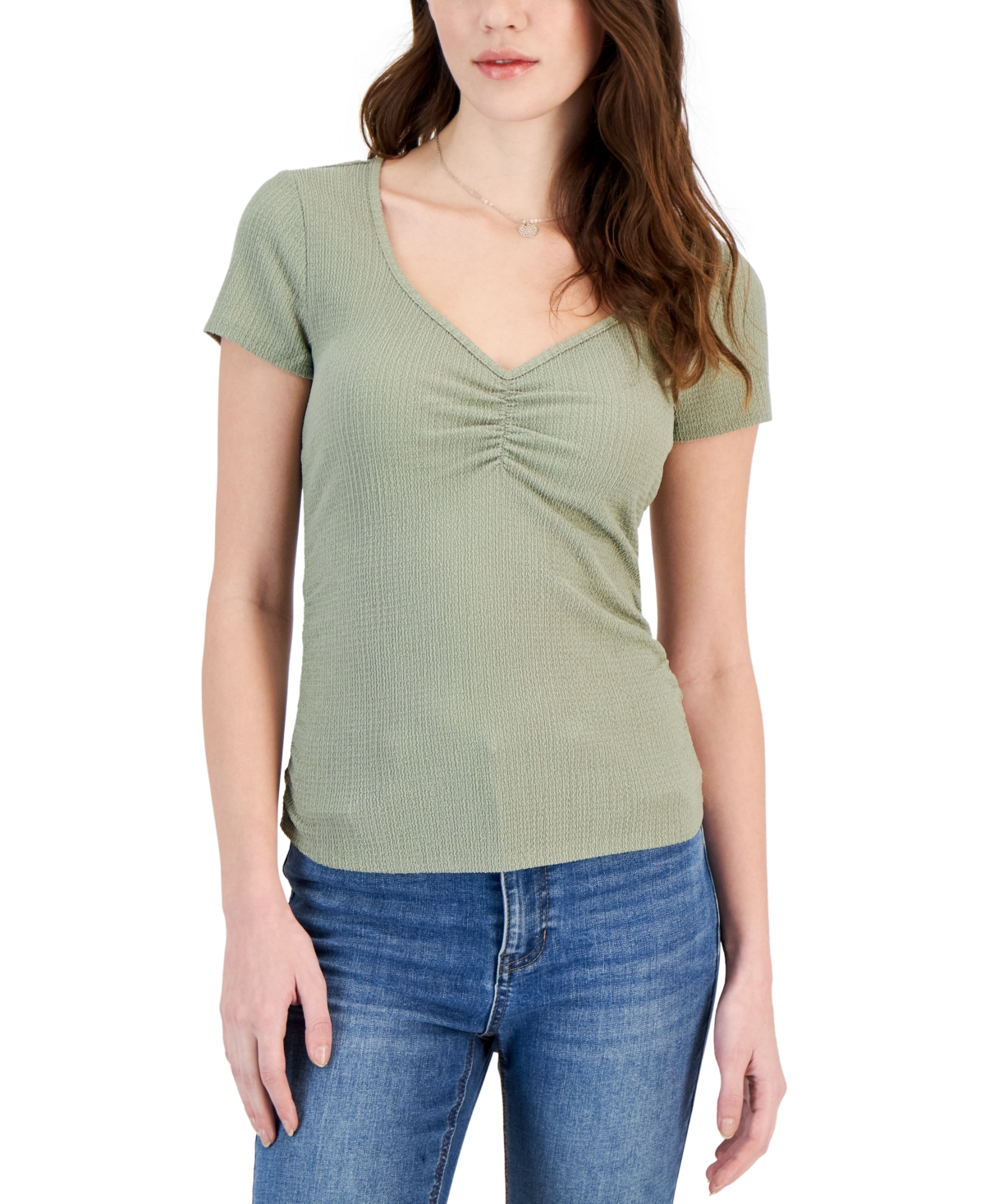 Planet Heart Juniors' Cinch Front Ribbed Tee In Seagrass