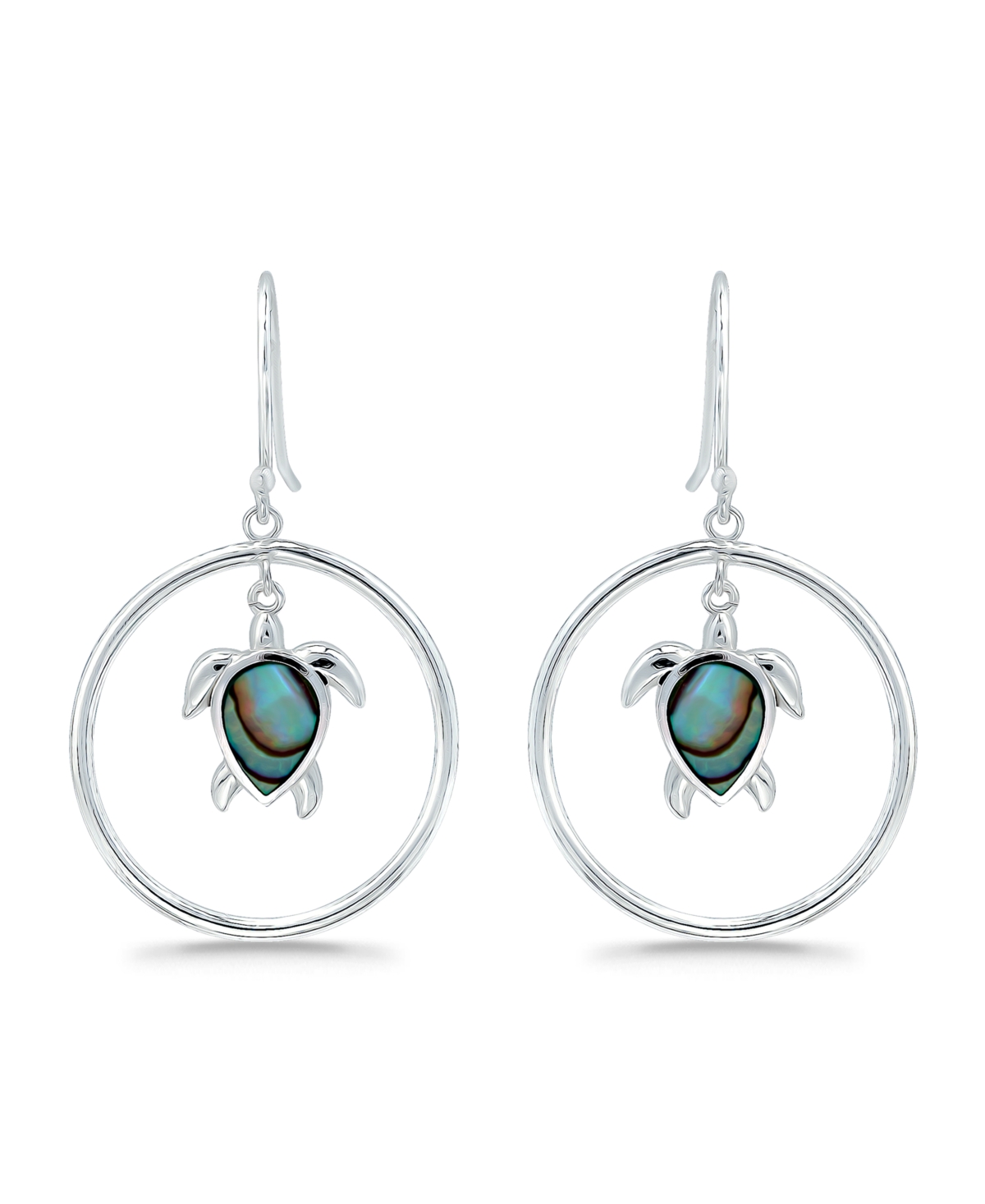 Macy's Abalone Inlay Turtle Circle Fishhook Drop Earrings In Silver