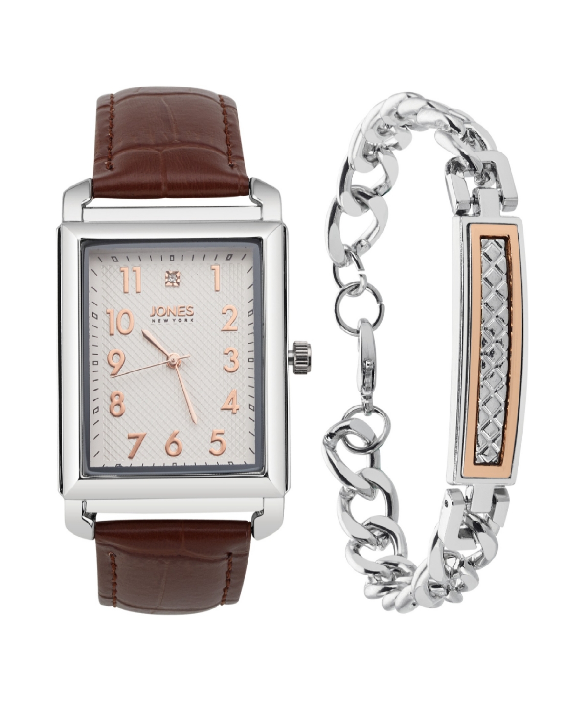 Men's Analog Brown Croc Leather Strap Watch 33mm Bracelet Gift Set - Silver, Brown