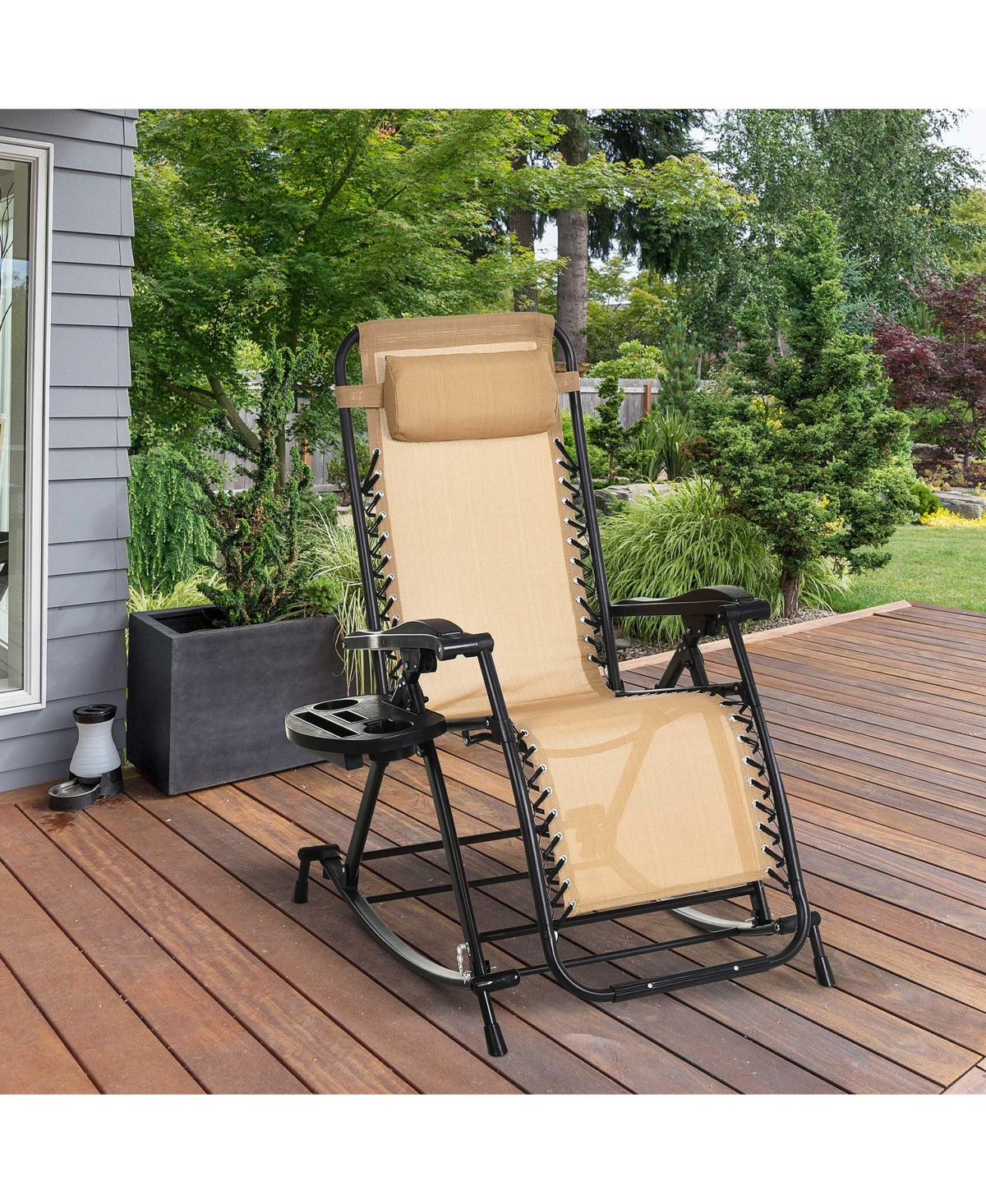 Outsunny Zero Gravity Reclining Rocking Chair, Lounge Rocker, Folding, Pillow, Side Tray, Cup and Phone Holder
