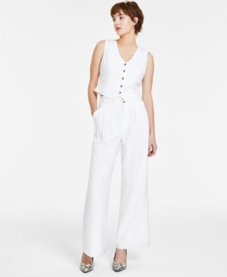 Bar Iii Womens Cropped Vest Pleated Wide Leg Pants Created For Macys In Bright White