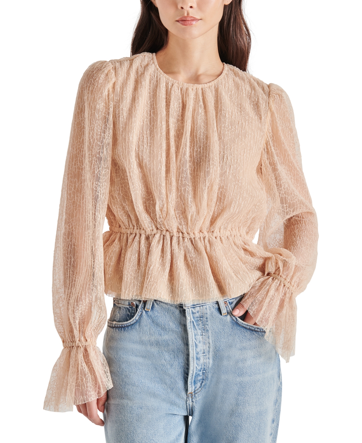Steve Madden Women's Pleated Floral-lace Peplum Top In Cream