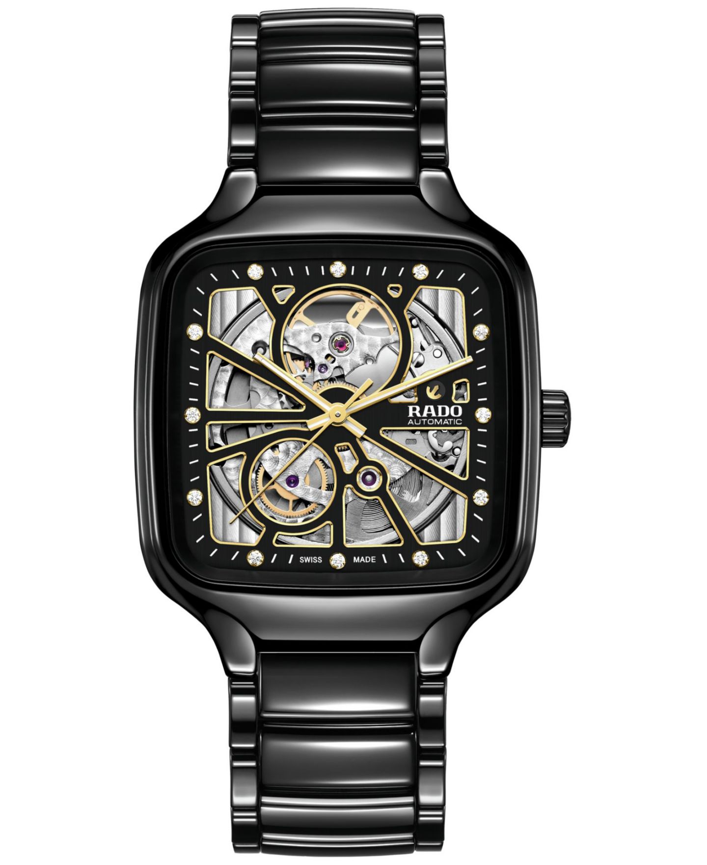 Часы Rado Unisex Swiss Automatic True Square Open Heart Diamond (1/10 ct. t.w.) Black Ceramic Bracelet Watch 38mm, цвет: Skeleton — фото 1