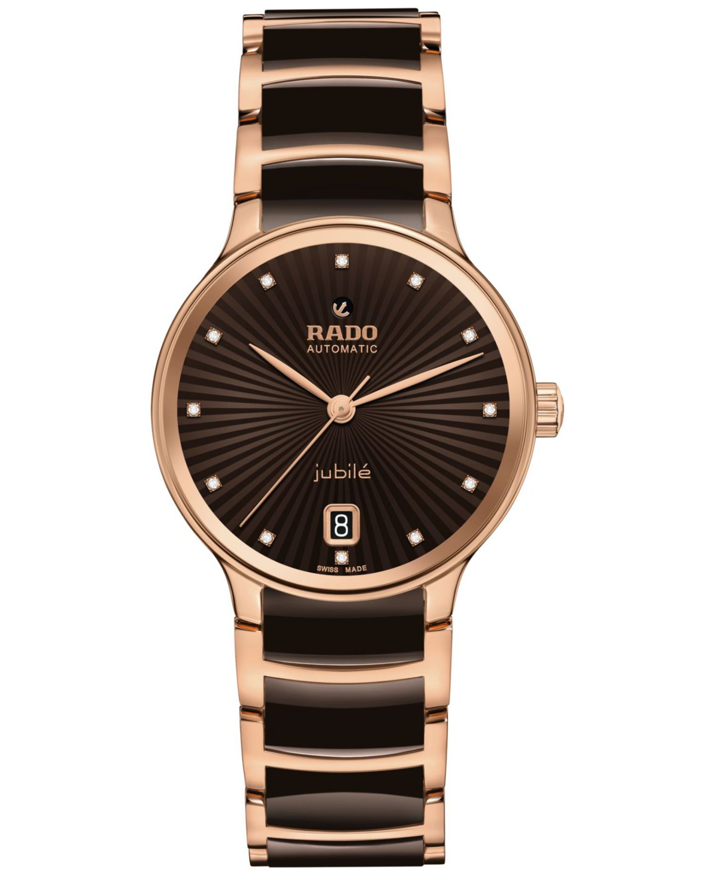 Женские часы Rado Swiss Automatic Centrix Diamond Accent Brown Ceramic & Rose Gold PVD Stainless Steel Bracelet Watch 35mm, цвет: Коричневый — фото 1