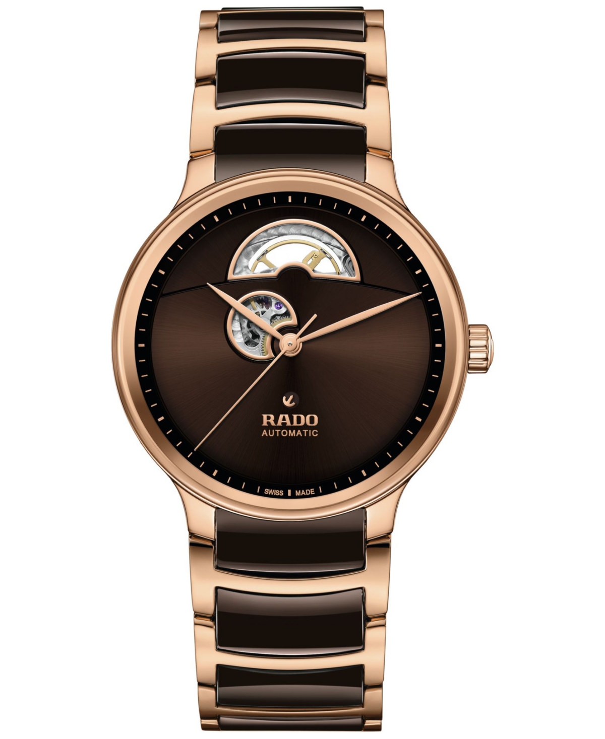 Rado Unisex Swiss Automatic Centrix Open Heart Brown Ceramic & Rose Gold Pvd Stainless Steel Bracelet Wat In No Color