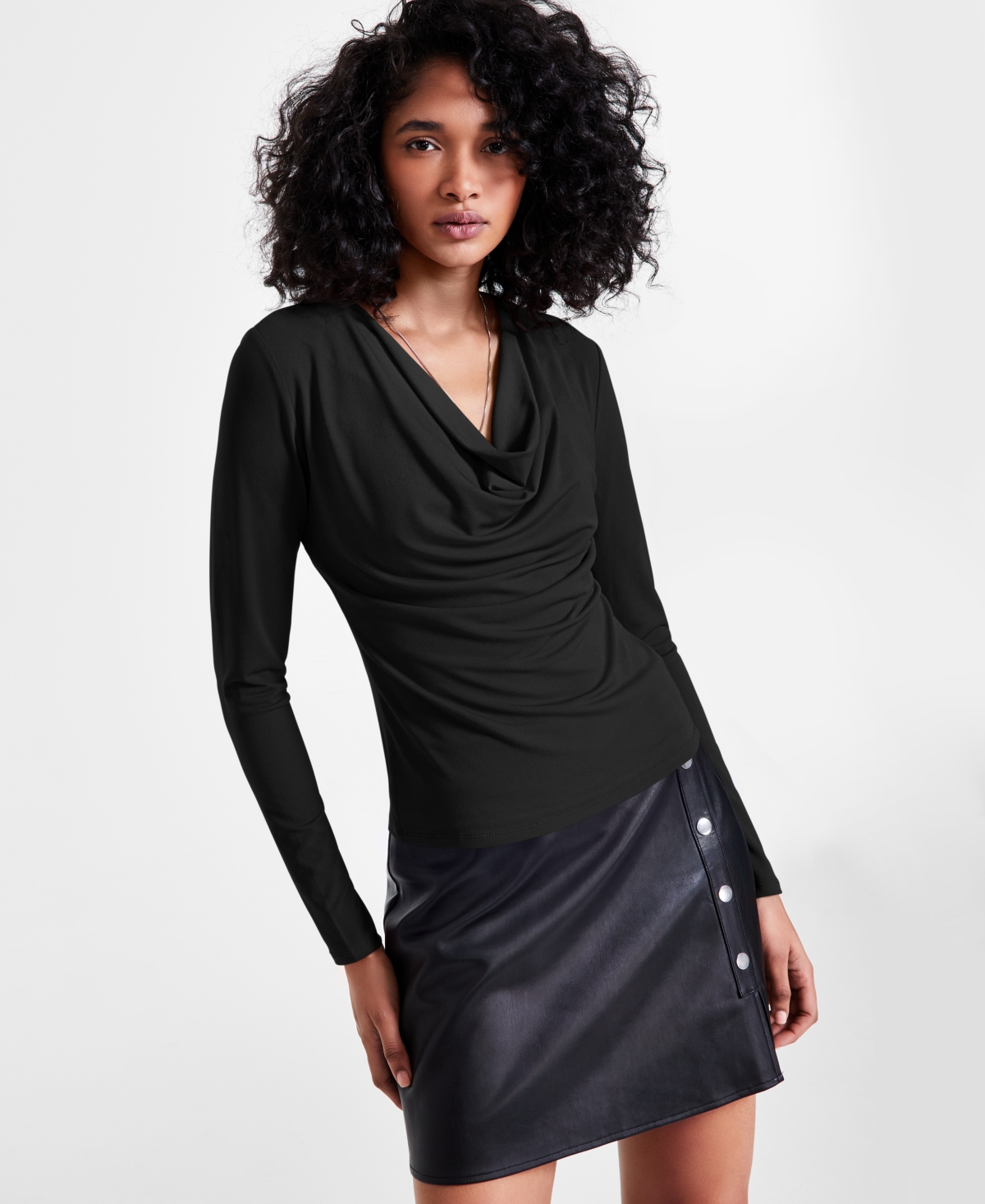 Bar Iii Petite Long-sleeve Knit Cowlneck Top, Created For Macy's In Deep Black