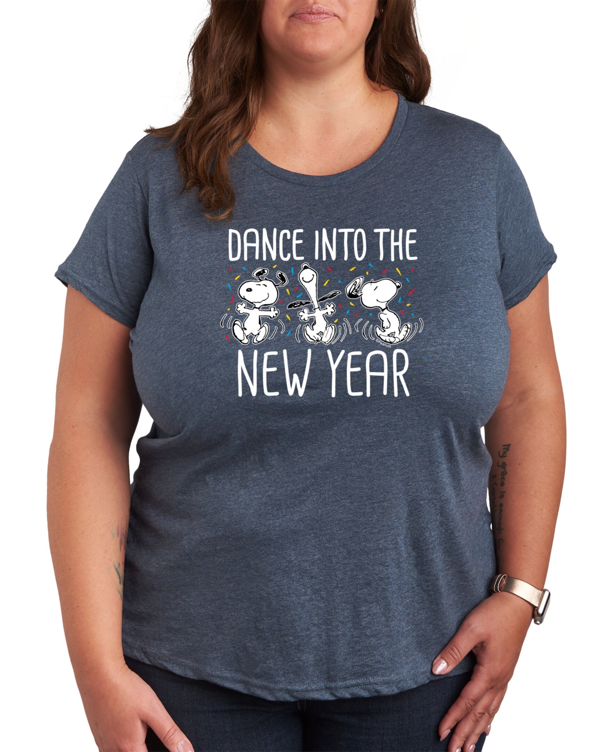 Air Waves Trendy Plus Size Peanuts New Year Graphic T-shirt In Blue