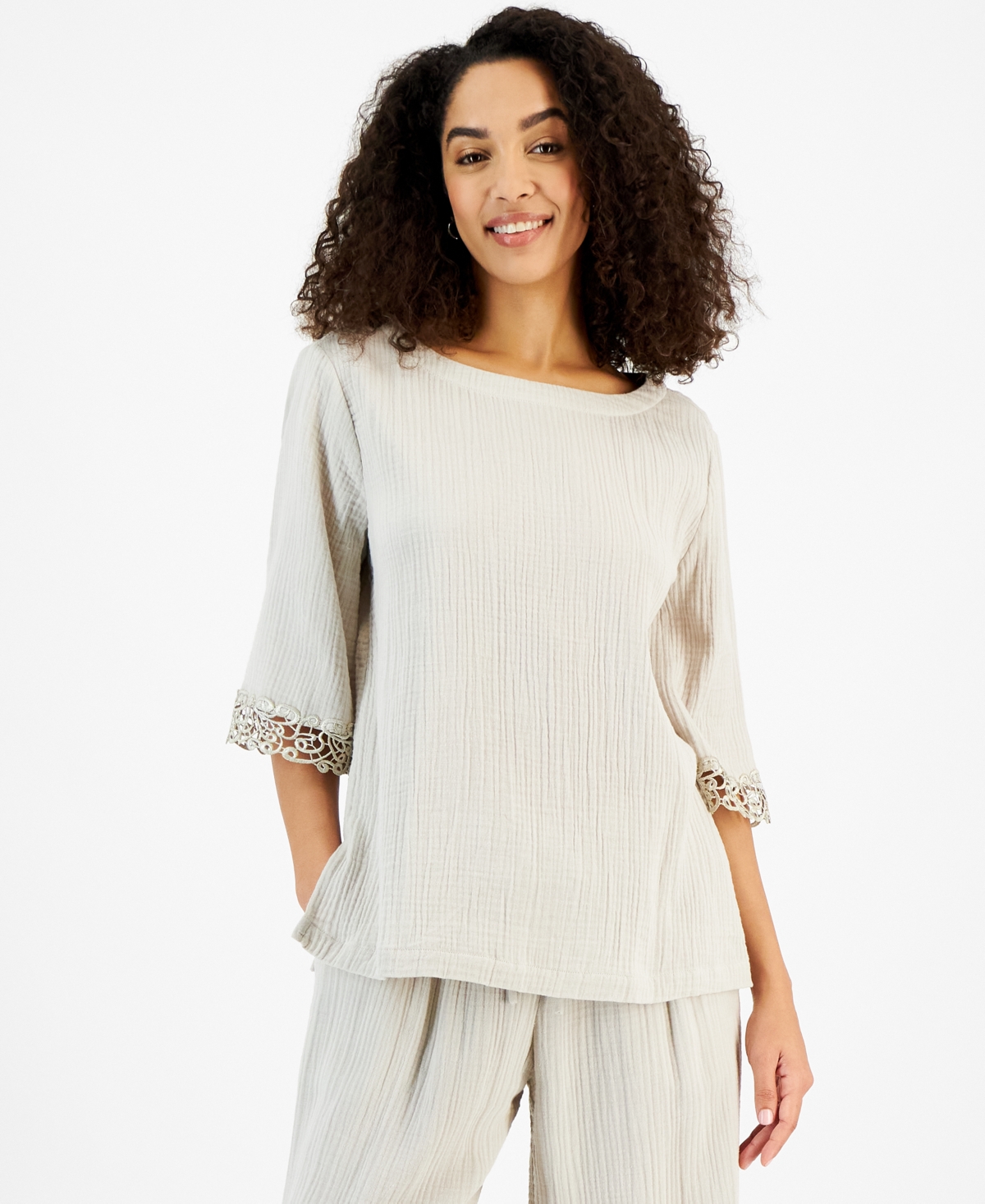 Shop Jm Collection Petite Cotton Dolman-sleeve Sweater In Stone Wall