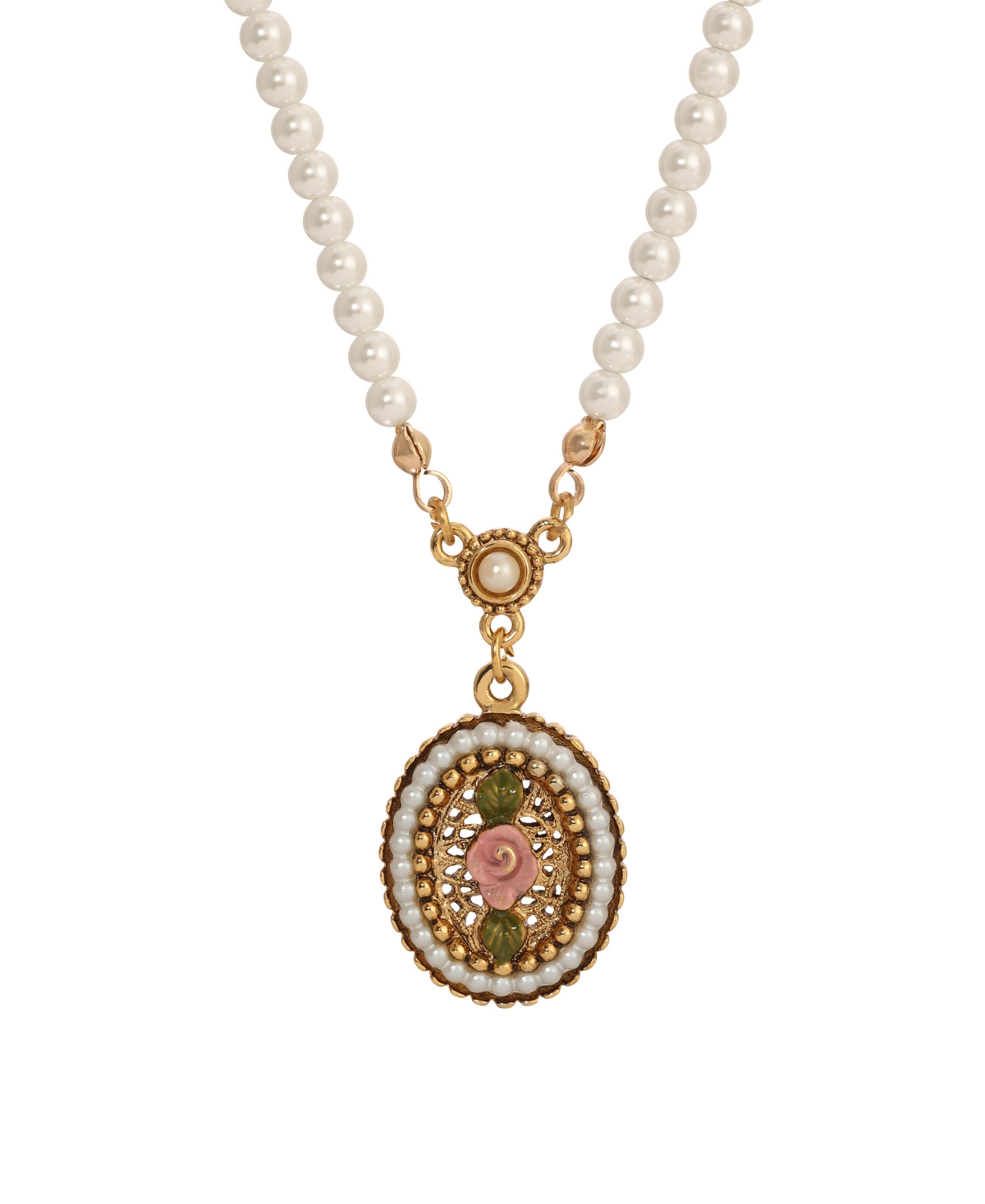 Imitation Pearl Pink Enamel Flower Pendant Necklace - Pink
