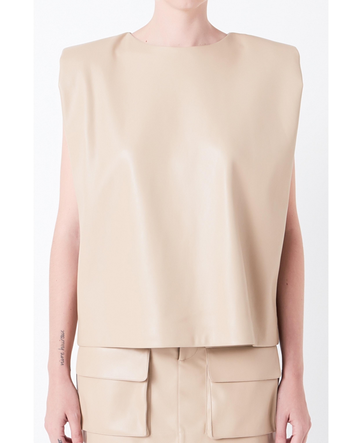 Women's Shoulder Padded Leather Top - Taupe