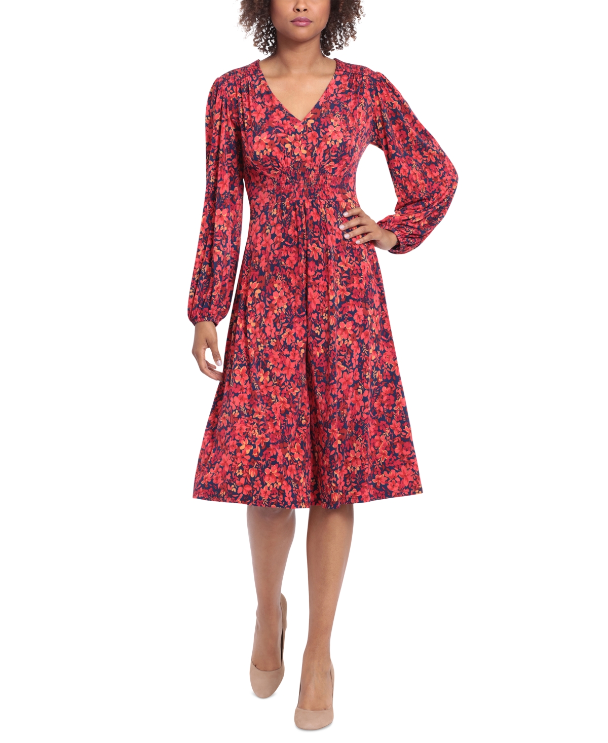 Women's Floral-Print Fit & Flare Dress - Navy/Red