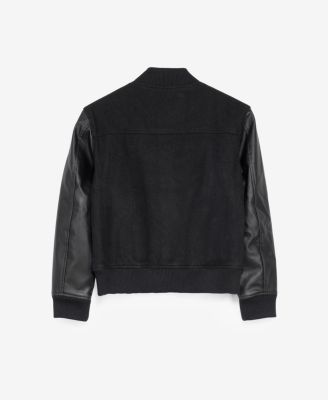 Boy's Wool Varsity Bomber Jacket With Grainy PU Sleeves
