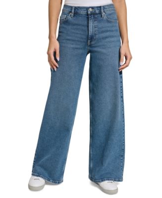 ★ ★ CK Women's High Rise Wide Fit Mid Blue Deni Calvin Klein Jeans Women's High-Rise Wide-Leg Stretch Jeans