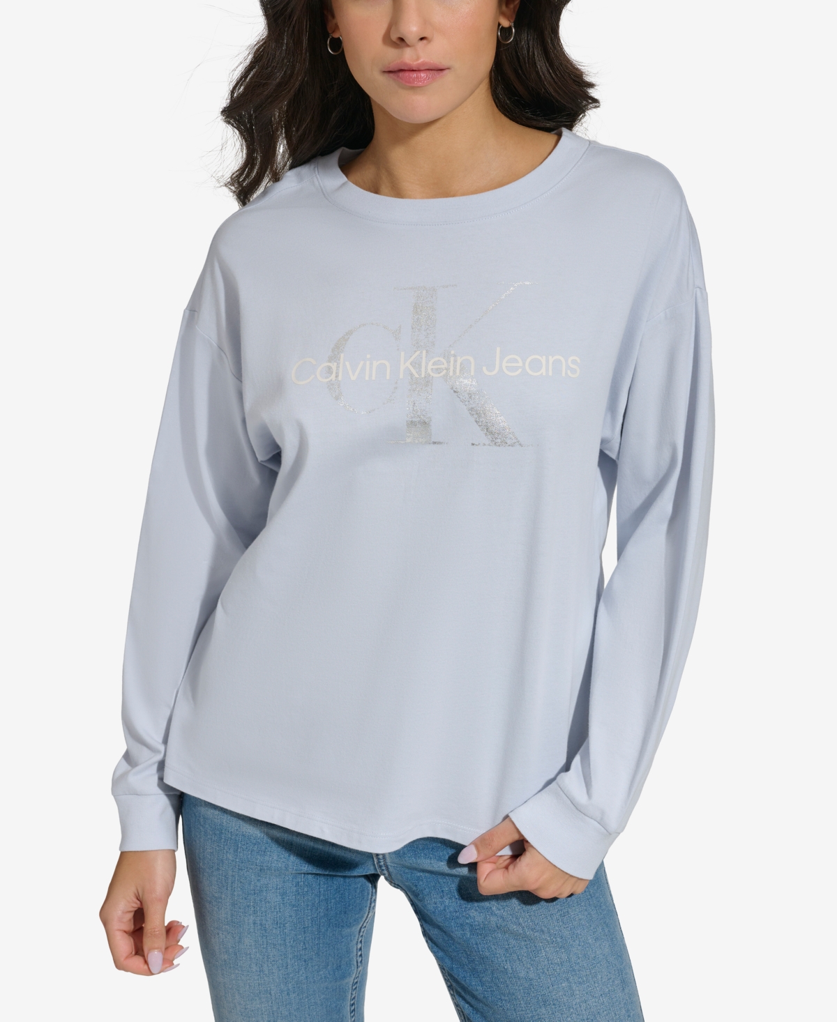 Calvin Klein Jeans Est.1978 Women's Monogram Logo Long-sleeve T-shirt In Powder Blue,silver