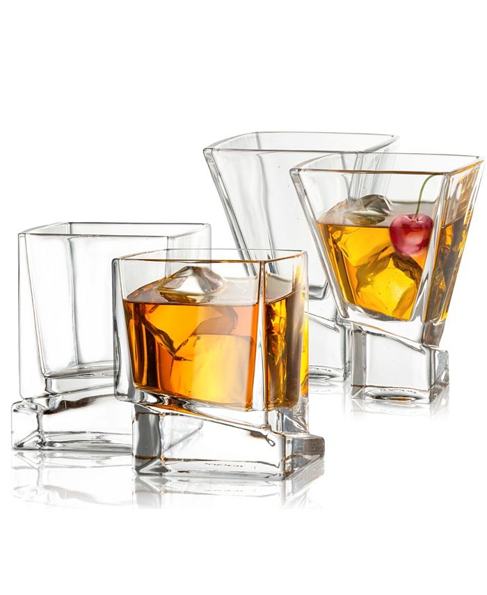 JoyJolt Carre Square Whiskey Glass 10 oz. Cocktail Tumbler Glass (Set of 2)  Unique Elegant Off Base Design 