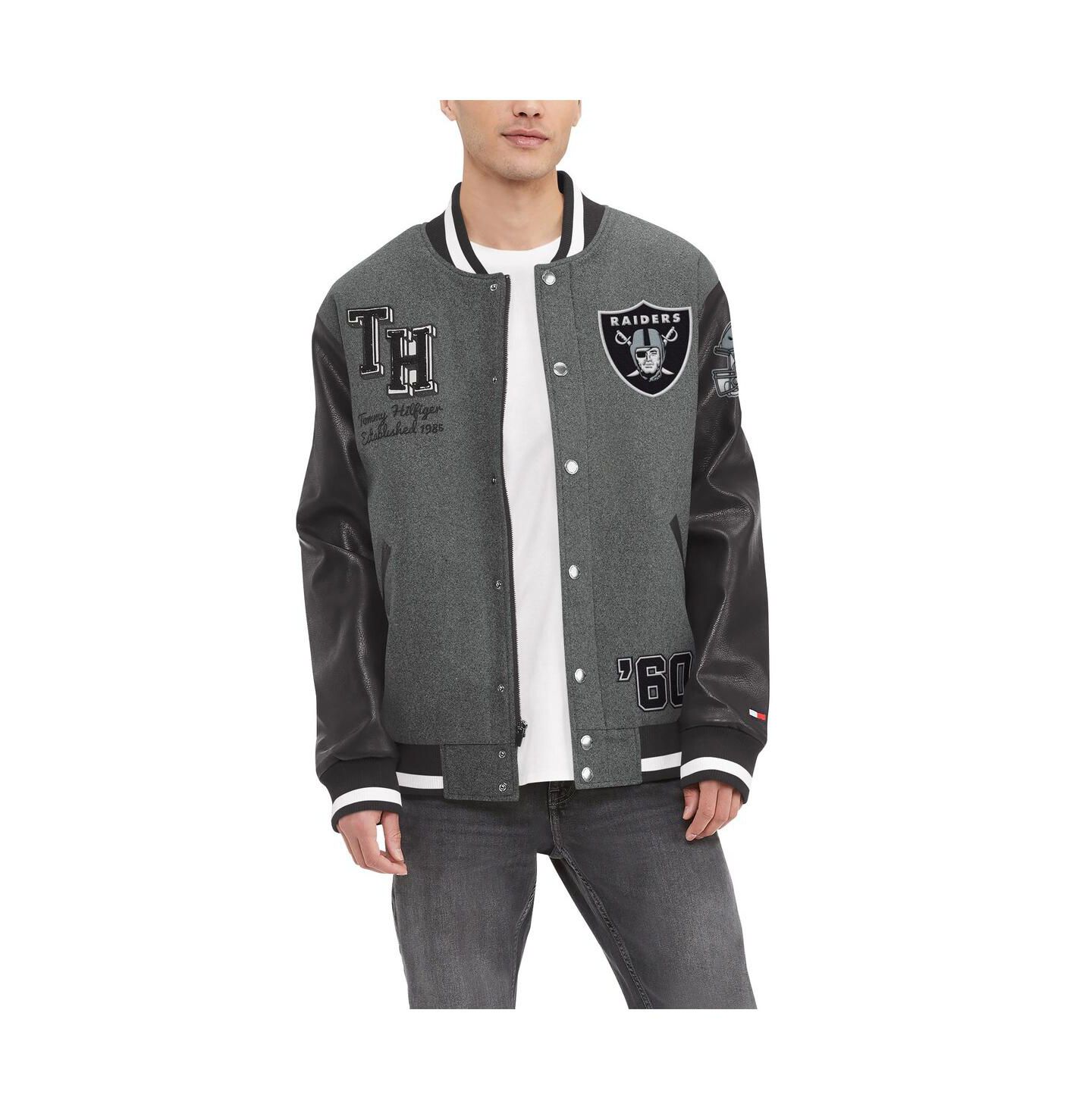 Мужская куртка Tommy Hilfiger Heather Gray, Black Las Vegas Raiders Gunner Full-Zip Varsity — фото 1