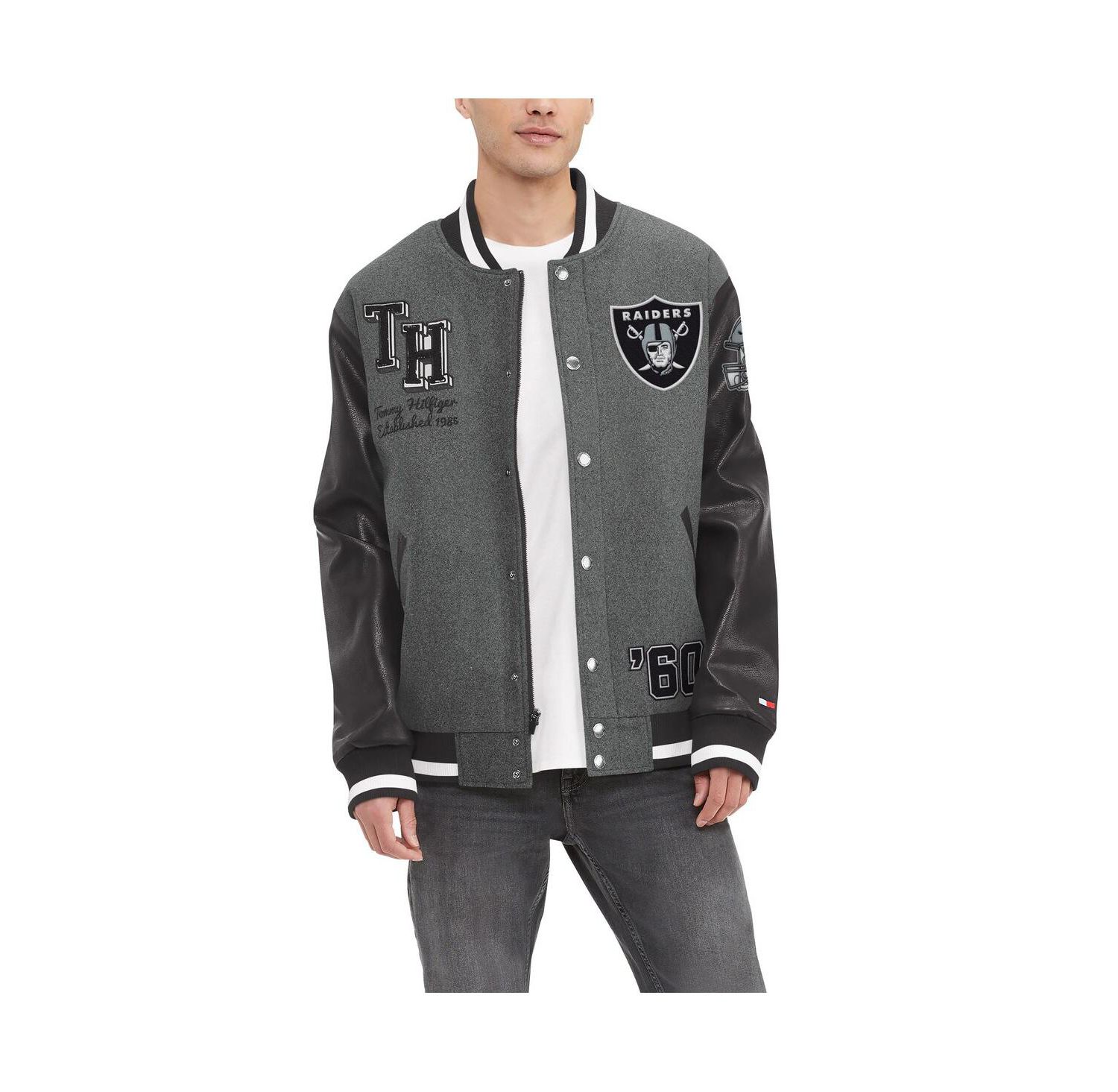 Men's Heather Gray, Black Las Vegas Raiders Gunner Full-Zip Varsity Jacket